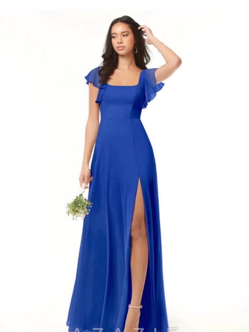 Azazie Royal Blue Square-Neck Maxi Dress with Flutter Sleeves